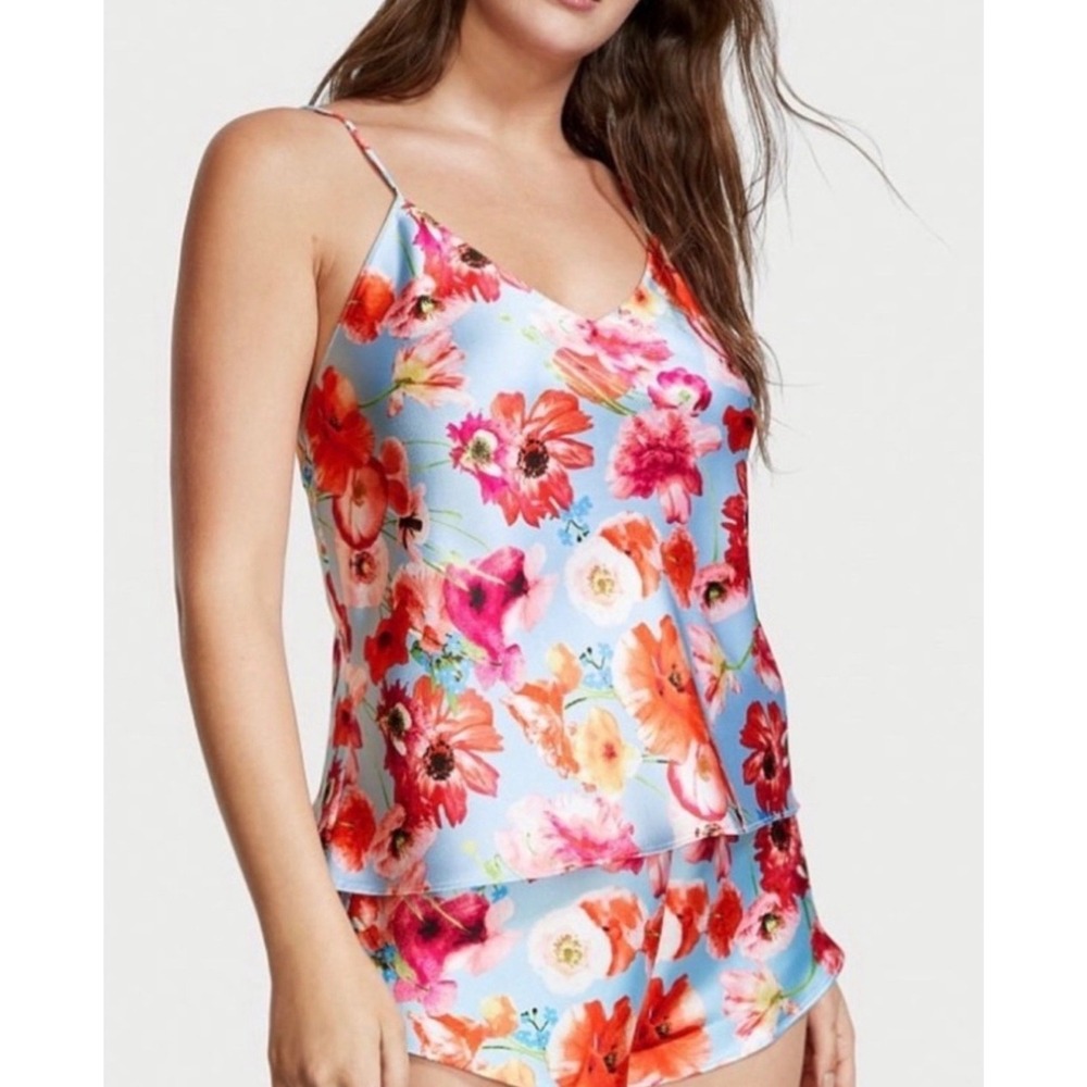 Victorias Secret Blue Floral Poppy Satin Cami Top Open Back Medium